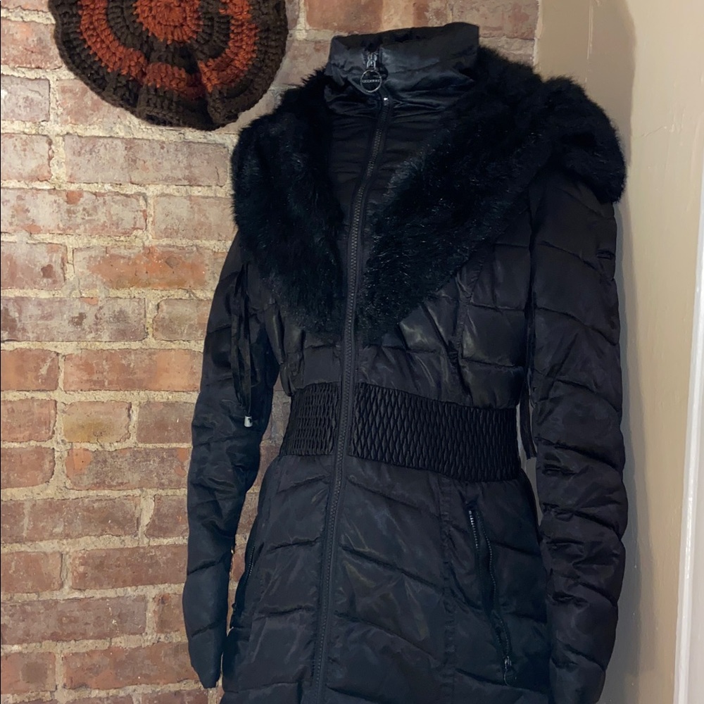 Laundry By Shelli Segal Black Puffer Coat with Fur Trim